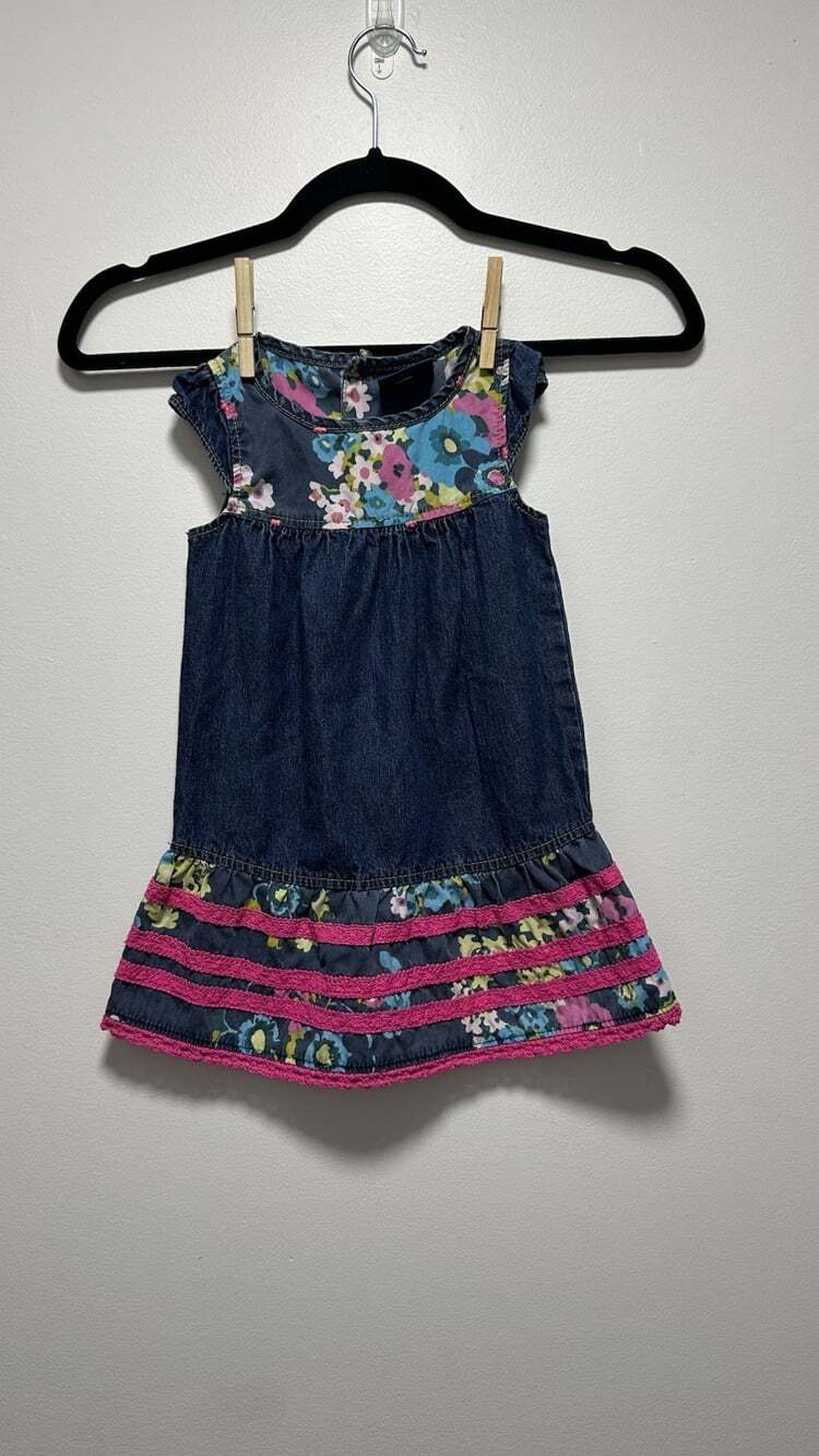OshKosh Vintage Genuine Kids Denim Floral Short Sleeve Dress 2T Y2K Floral Pink